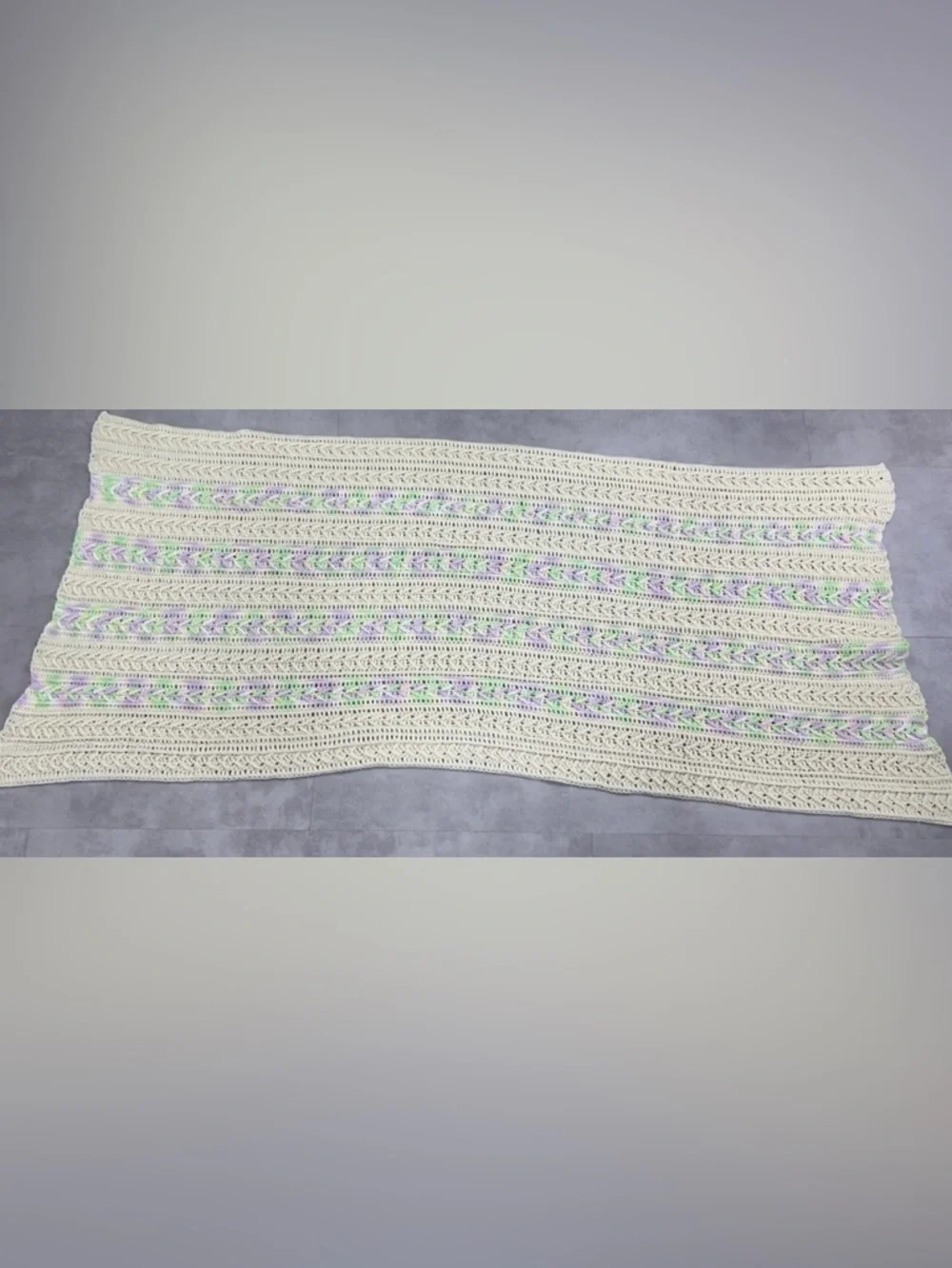 Vintage Handmade‎ Crochet Afghan Blanket 80X34 Granny Square Throw White Purple